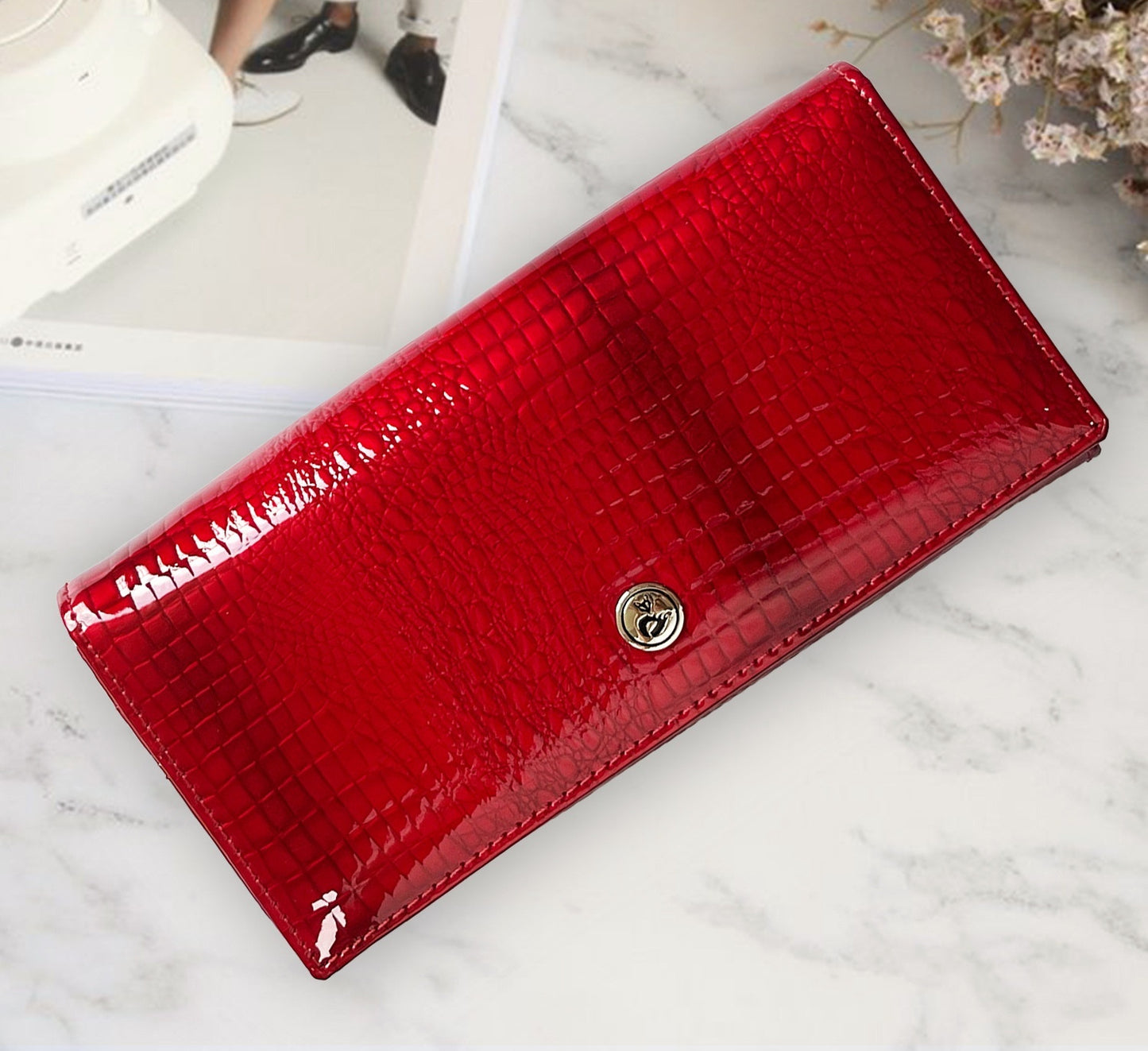Carteira Feminina em Couro Legítimo com Textura Crocodilo Vermelho Luxo com Fecho Elegante